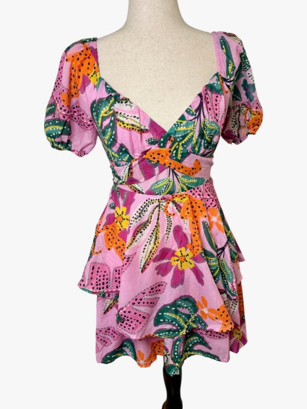 Crystal Sky Pink Tropical Tiger Tie Back Puff Sleeve Mini Dress Juniors Small